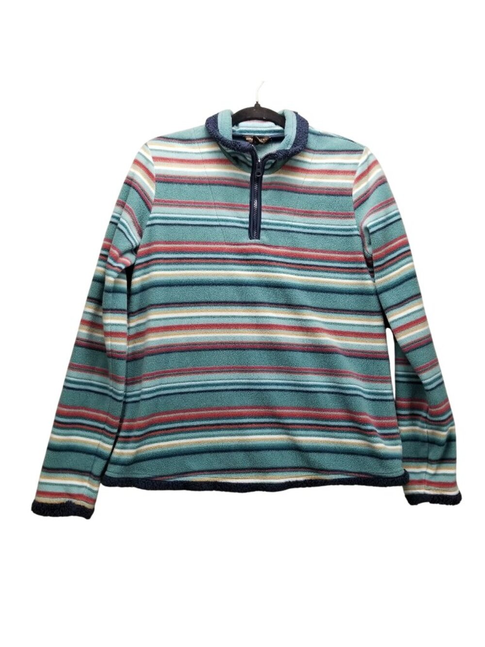 Bit & Bridle Shirt Womens Small Blue Striped 1/4 Zip Fleece Pullover Sweatshirt